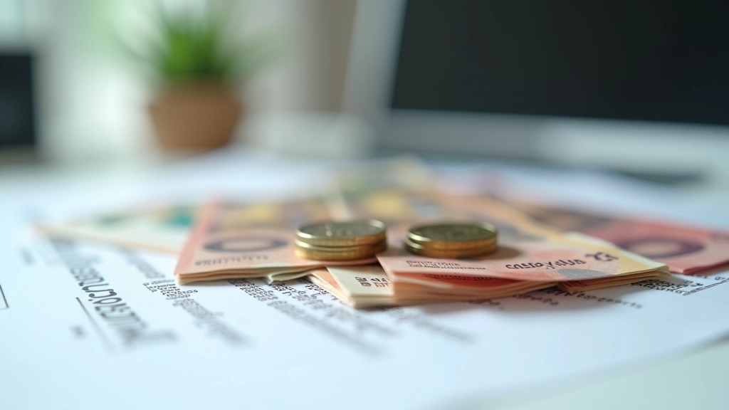 Close-up of Malaysian ringgit banknotes and coins arranged on financial statement, representing liquid asset planning