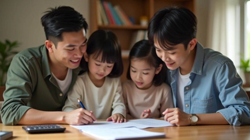 Malaysian family reviewing financial documents at home with calculator and notebook on table
