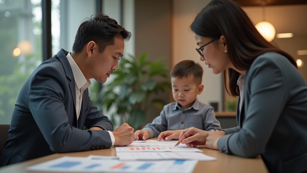 Family sitting together on couch reviewing household budget and financial planning documents