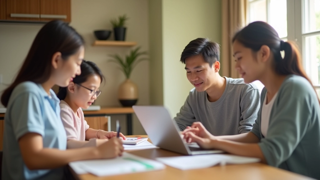 Family of four discussing finances at kitchen table with laptop and financial planning documents