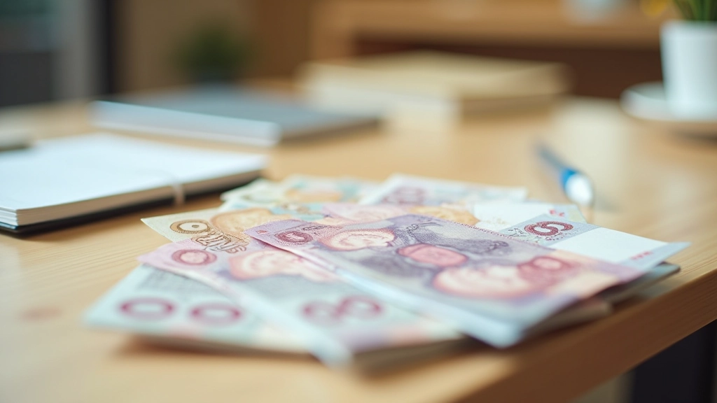 Malaysian ringgit banknotes fanned out on wooden surface with financial planning notebook