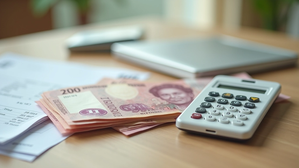 Stacks of Malaysian ringgit notes arranged neatly on a desk with a calculator nearby