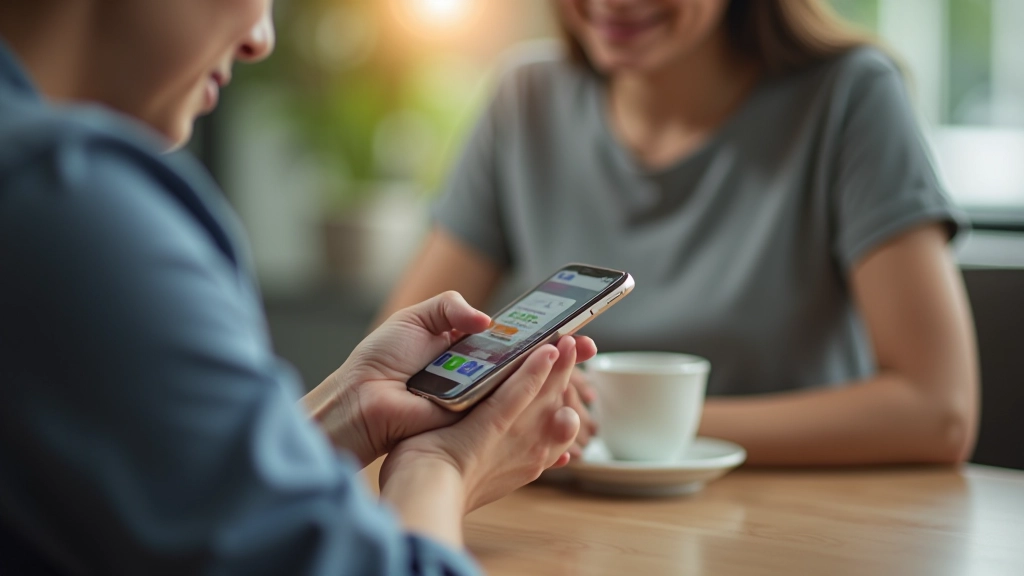 Person using mobile banking app on smartphone at a cafe with coffee cup nearby