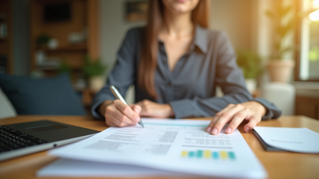 Person reviewing financial documents and budget spreadsheet at home desk with coffee