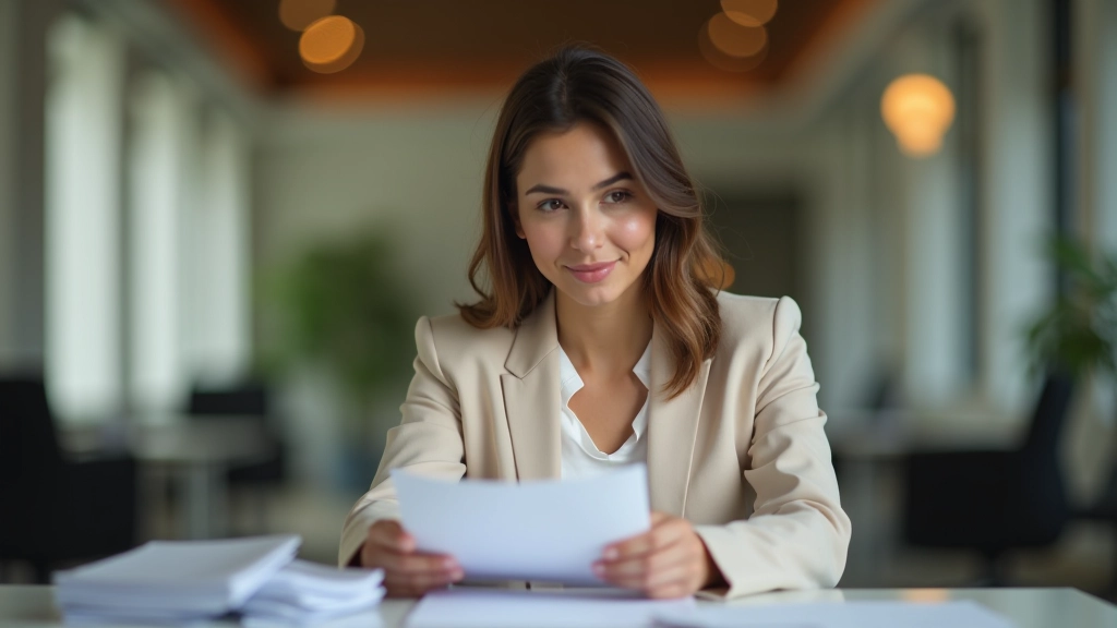 Professional woman reviewing bank statement and savings plan at desk with laptop and documents