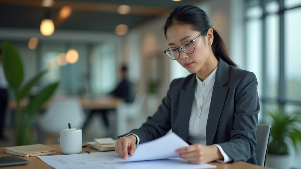 Professional woman in office setting reviewing financial planning documents and spreadsheets at her desk